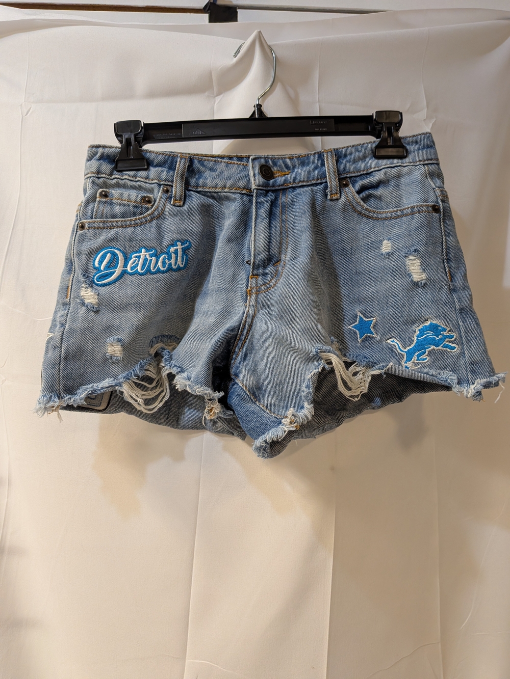 NHL Light Blue Distressed Detroit Embroidered Jean Shorts